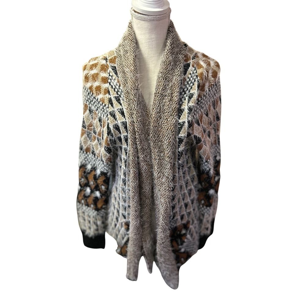 Oliver Fuzzy Knit Cardigan Leopard Print bohemian Sweater Women's Size L New